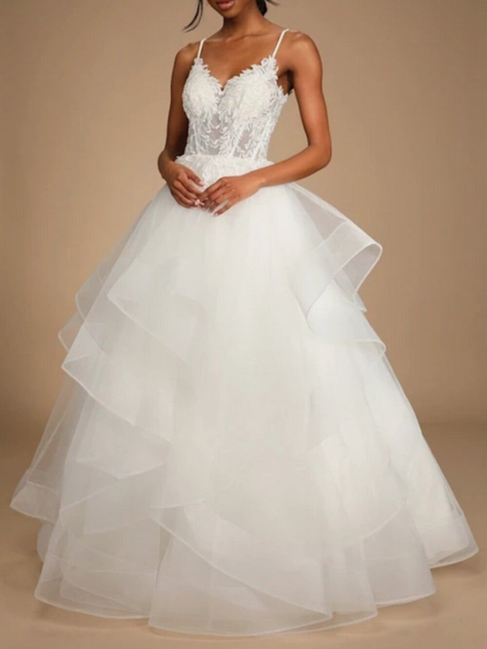 Lulu's White Lace Bodice Organza Ball Gown Wedding Dress - Picture 1 of 16